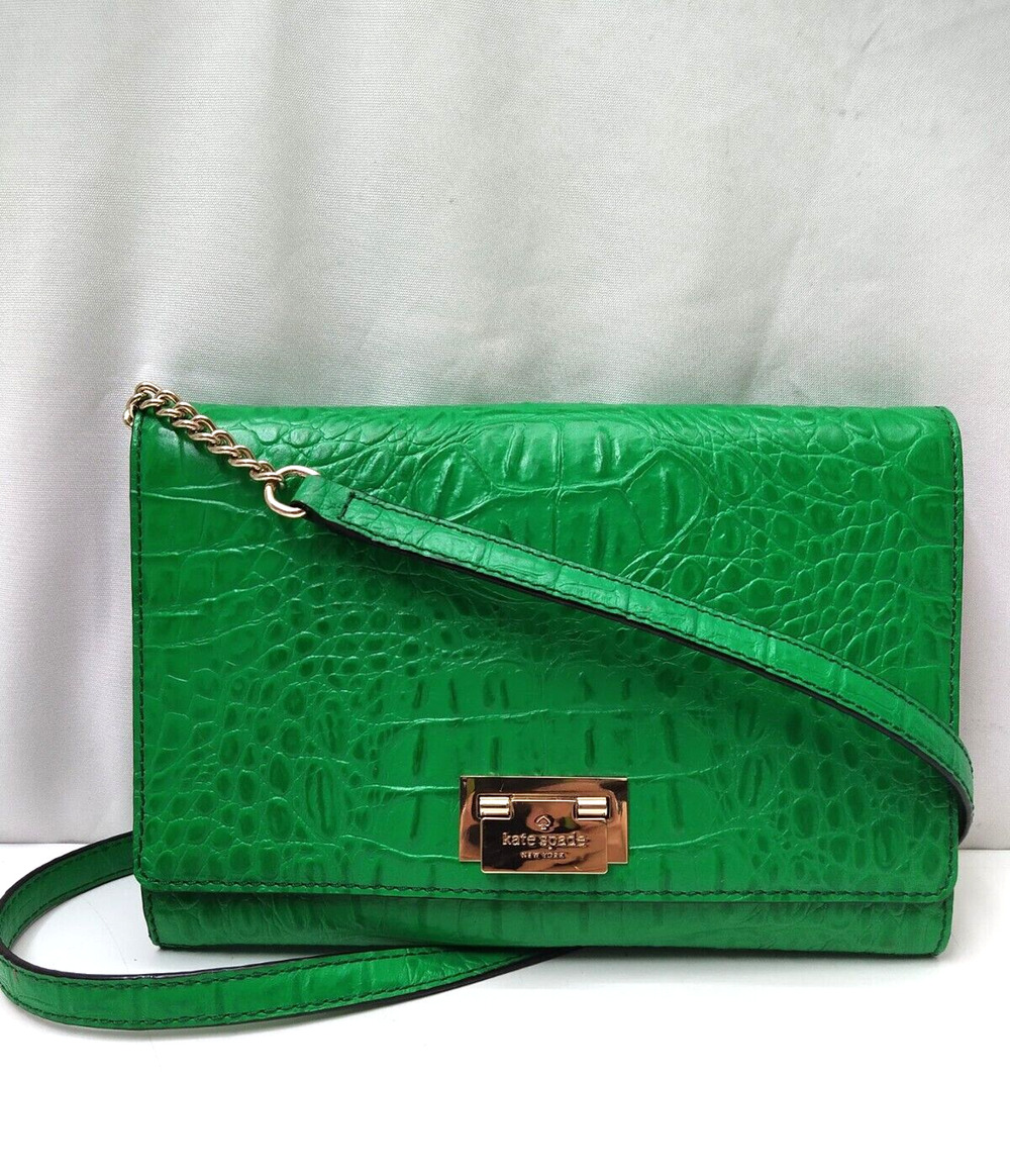 Kate Spade New York Green Leather Croc Embossed Pushlock Crossbody Bag